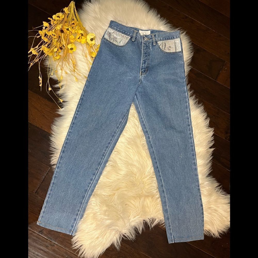 Cache vintage leather holographic denim jeans sz 10